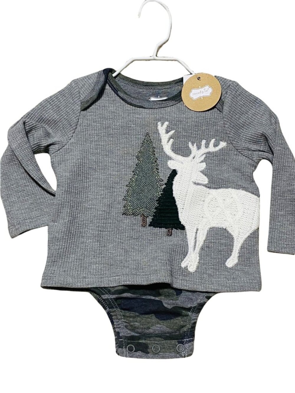 Mud Pie 3m 6m NWT Camo bodysuit shirt deer hunt Christmas embroidery applique